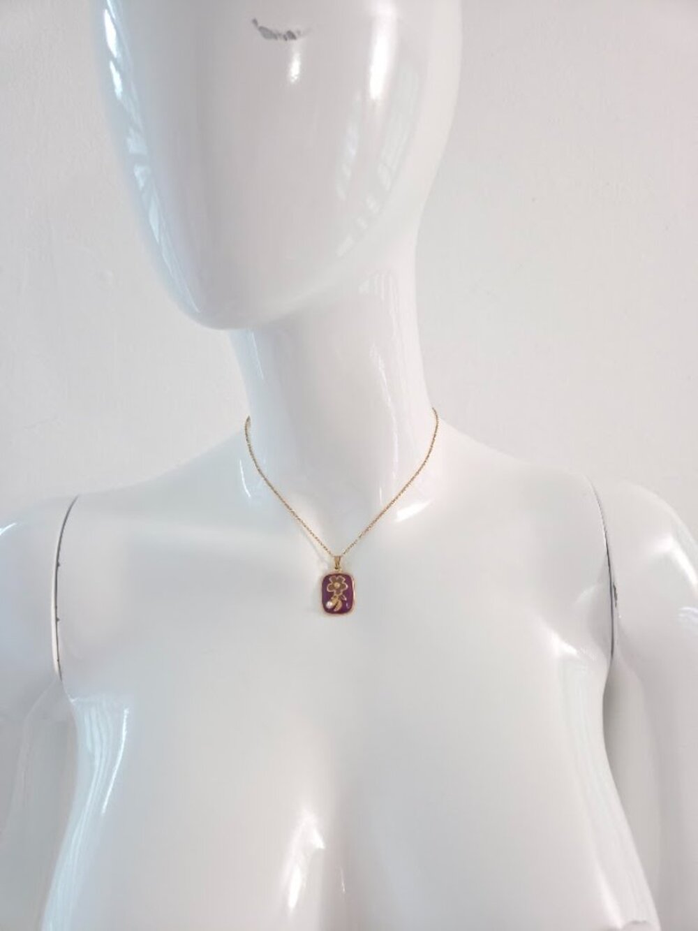 Gold Purple Enamel Flower Pendant Necklace Dainty Pearl Accent Jewelry - Picture 9 of 13